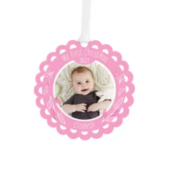Hallmark Baby’s First Christmas Pink Scalloped Personalized Text And Photo Metal Ornament